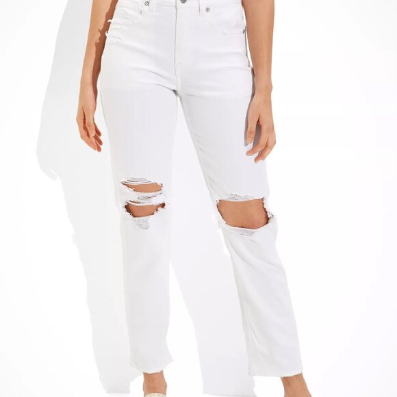 AE White Ripped Mom Straight Jean - Short Length - Picture 1 of 3